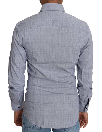 Men's long sleeve collared shirt with full button front closure and slim fit cut