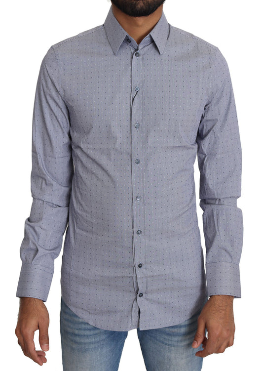 Dolce & Gabbana Sicilia Slim Fit Polka Dot Cotton Blend Shirt in Gray with Black and White Dots, made in Italy