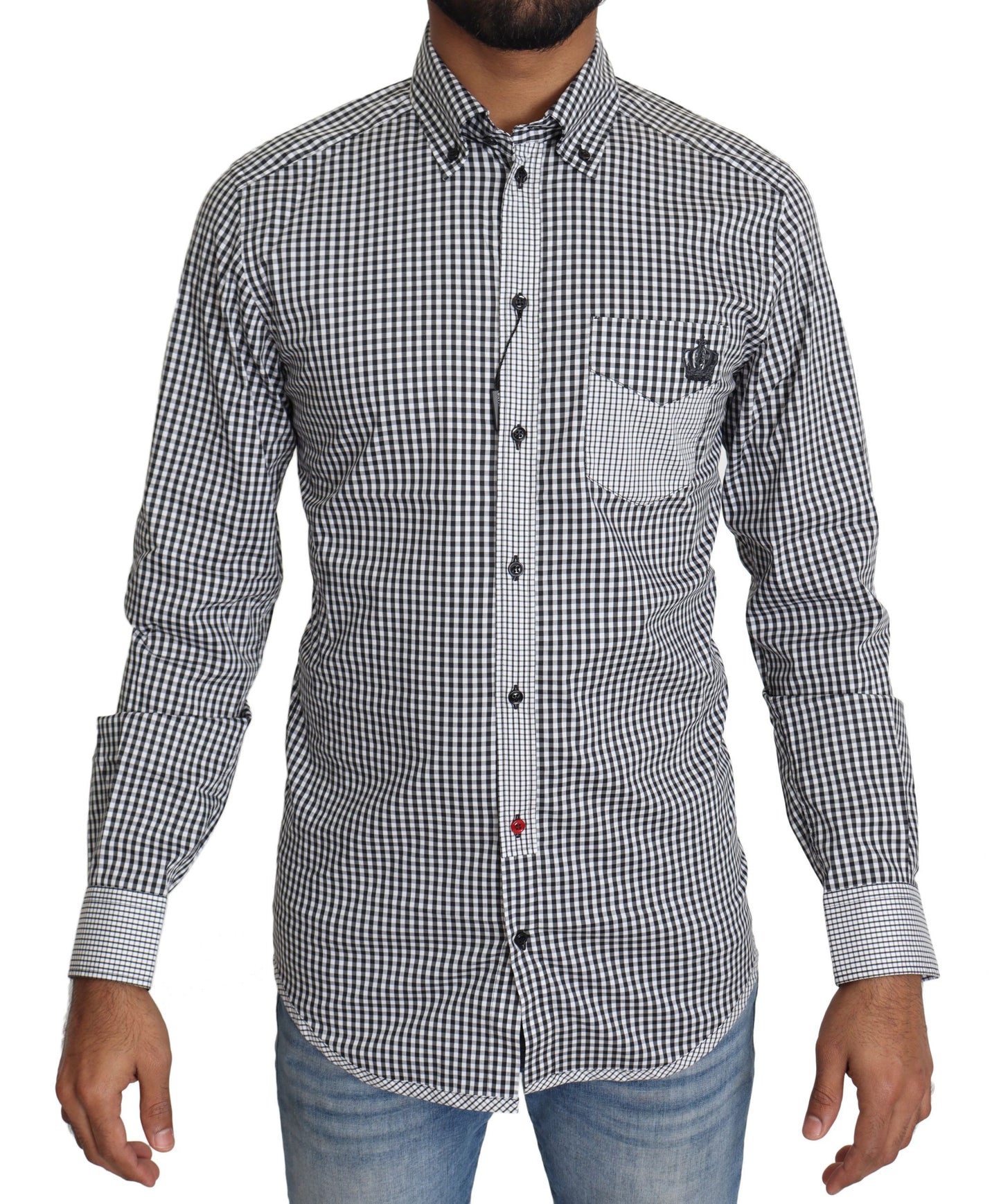 Dolce & Gabbana Elegant Black & White Checkered Gold Casual Shirt front view with full button closure