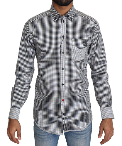 Dolce & Gabbana Elegant Black & White Checkered Gold Casual Shirt front view with full button closure