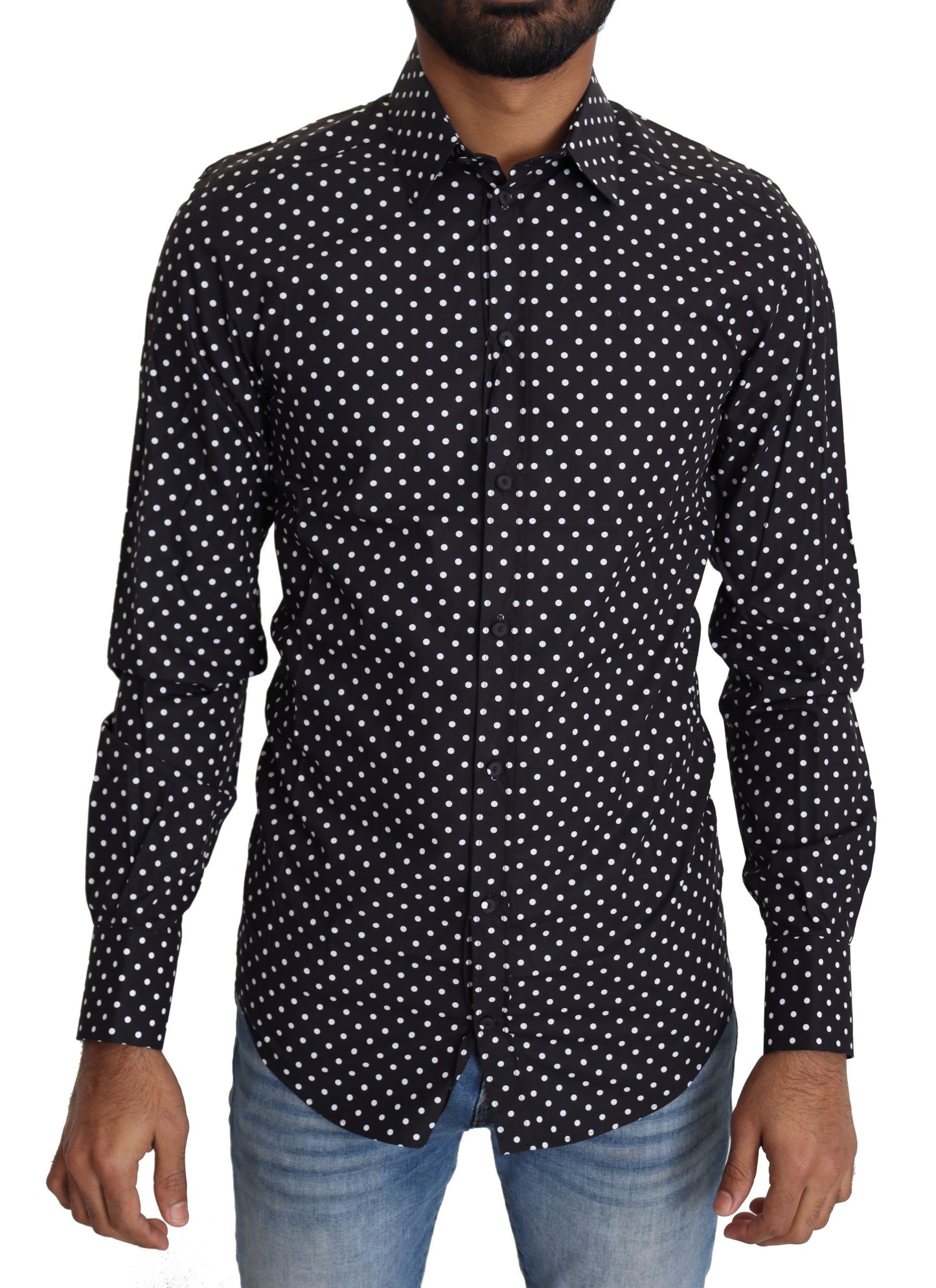 Dolce & Gabbana Elegant Polka Dot Men's Long Sleeve Shirt in classic black with white polka dots, made of 100% cotton, from Italy