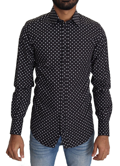 Dolce & Gabbana Elegant Polka Dot Men's Long Sleeve Shirt in classic black with white polka dots, made of 100% cotton, from Italy