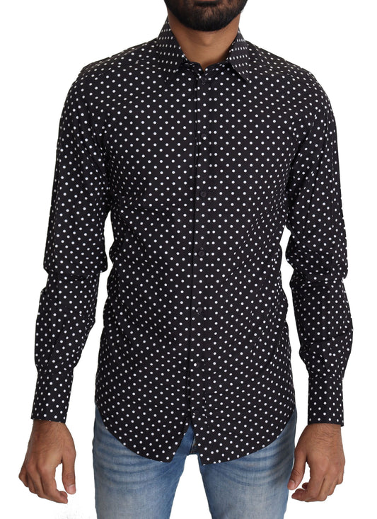 Dolce & Gabbana Elegant Polka Dot Men's Long Sleeve Shirt in classic black with white polka dots, made of 100% cotton, from Italy