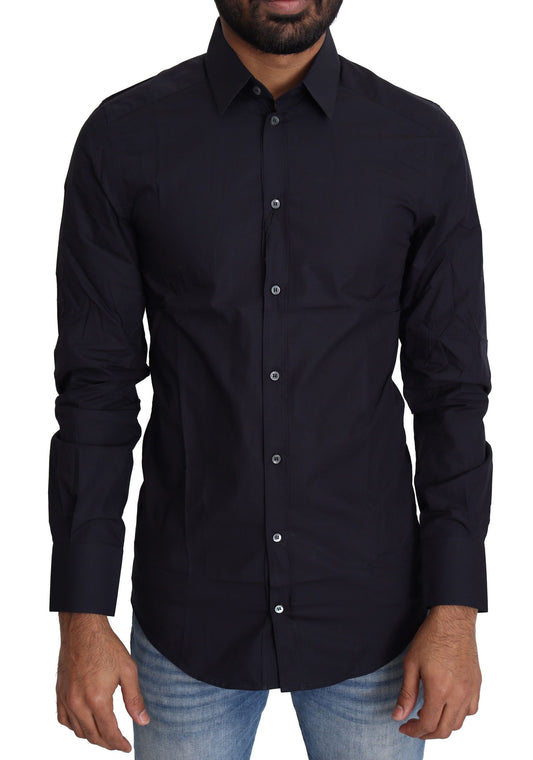 Exquisite Navy Blue Slim Fit Dress Shirt from Dolce & Gabbana's GOLD line, crafted from 100% cotton