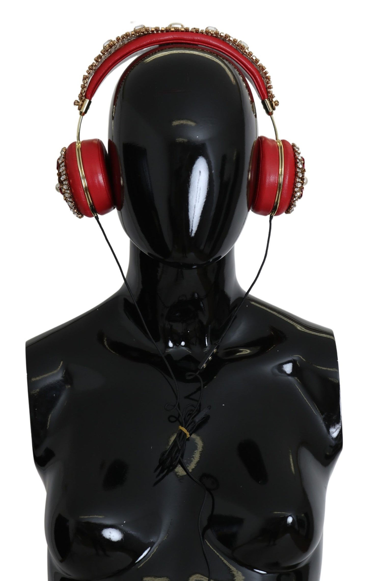 Exquisite red leather headphones adorned with gleaming crystals and delicate flowers