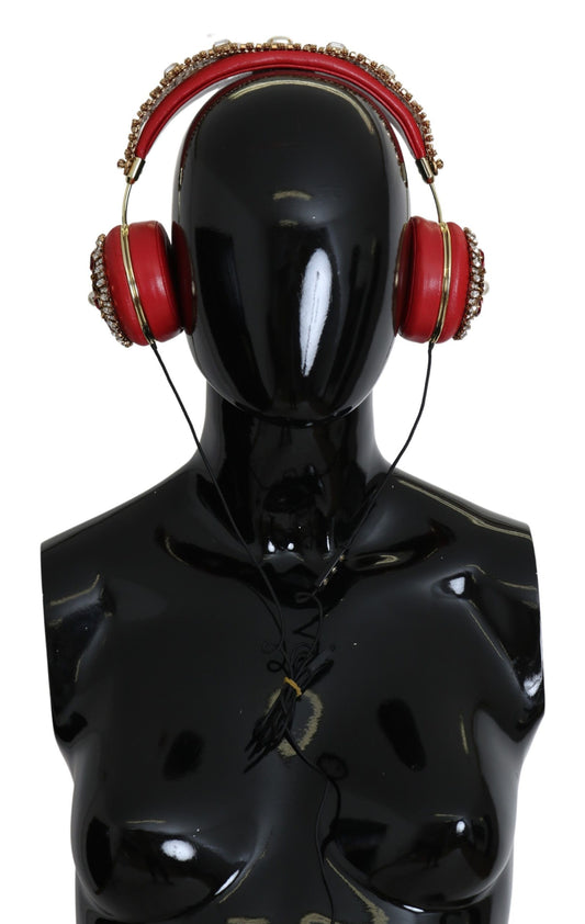 Exquisite red leather headphones adorned with gleaming crystals and delicate flowers
