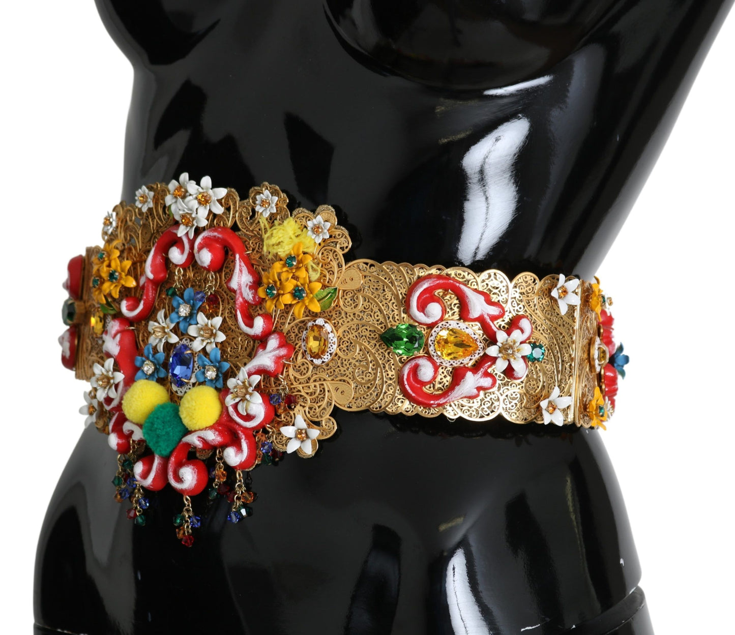 High-end Dolce & Gabbana waist belt crafted in Italy with multicolor floral crystals and a luxurious gold-tone palette