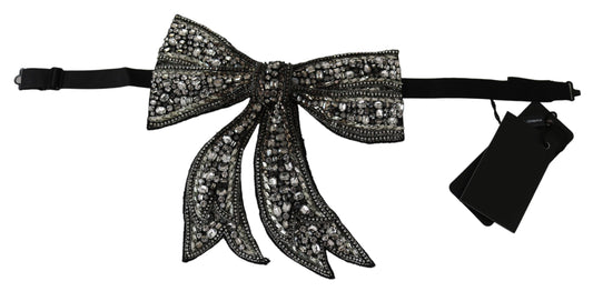 Opulent silver-tone silk bow tie with sparkling crystal embellishments 