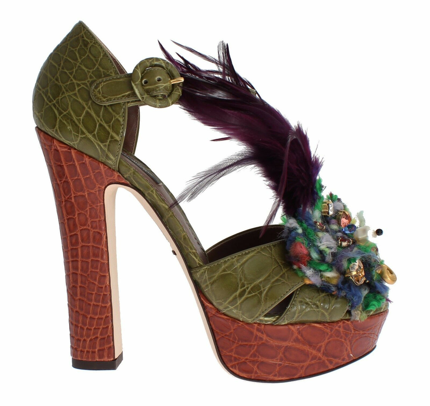 Exquisitely crafted green leather ankle strap sandals with multicolored crystals 