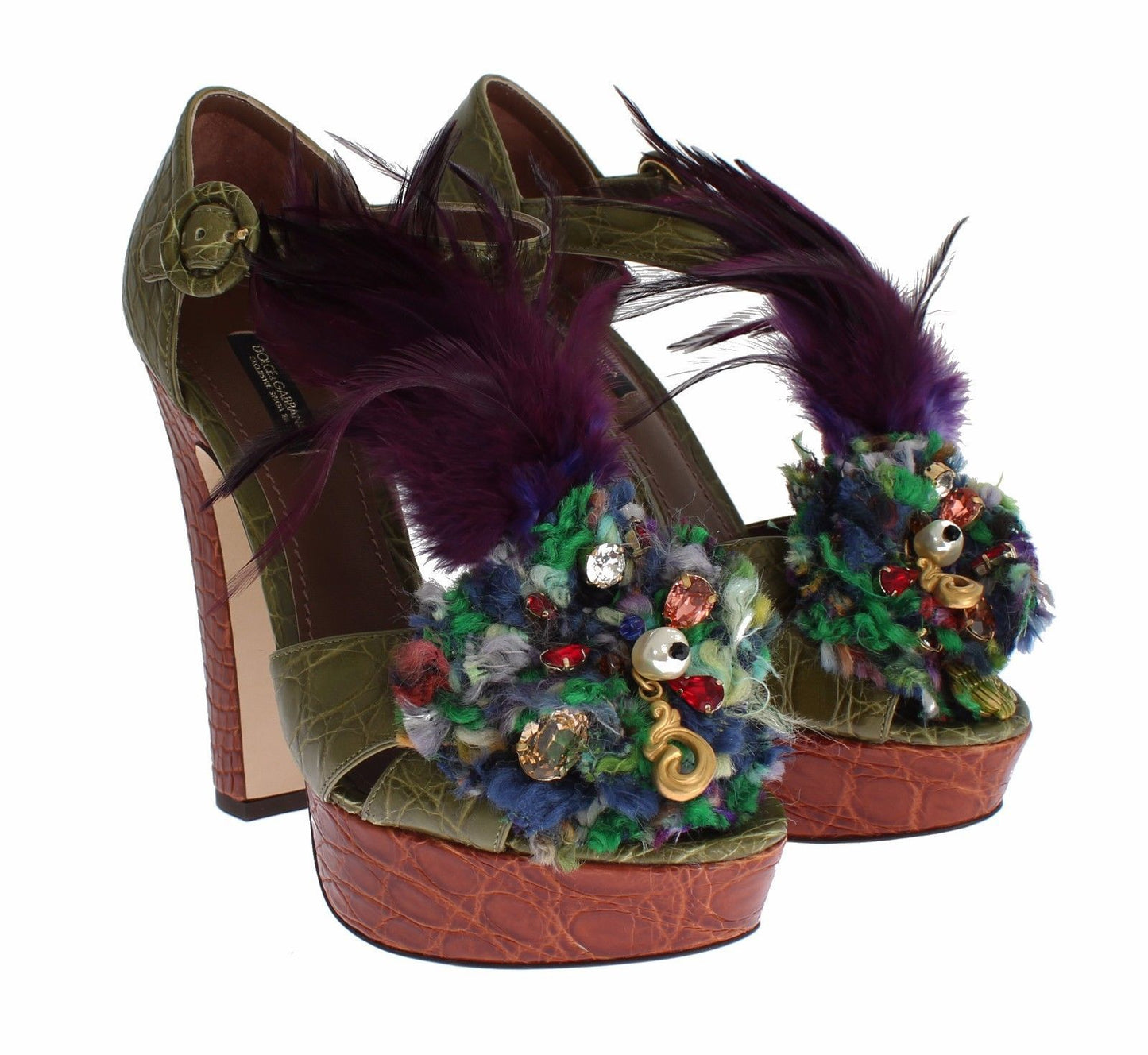  High-quality Italian-made leather platform sandals with multicolored crystal adornments 