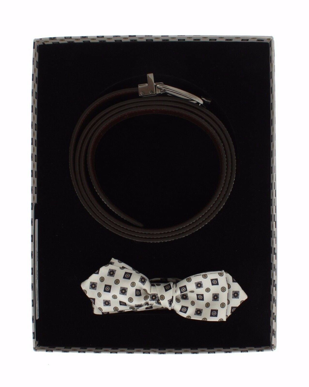 Dolce & Gabbana Elegant Baroque Silk Tie & Leather Belt Set in White with Multicolor Print