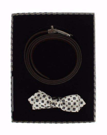 Dolce & Gabbana Elegant Baroque Silk Tie & Leather Belt Set in White with Multicolor Print