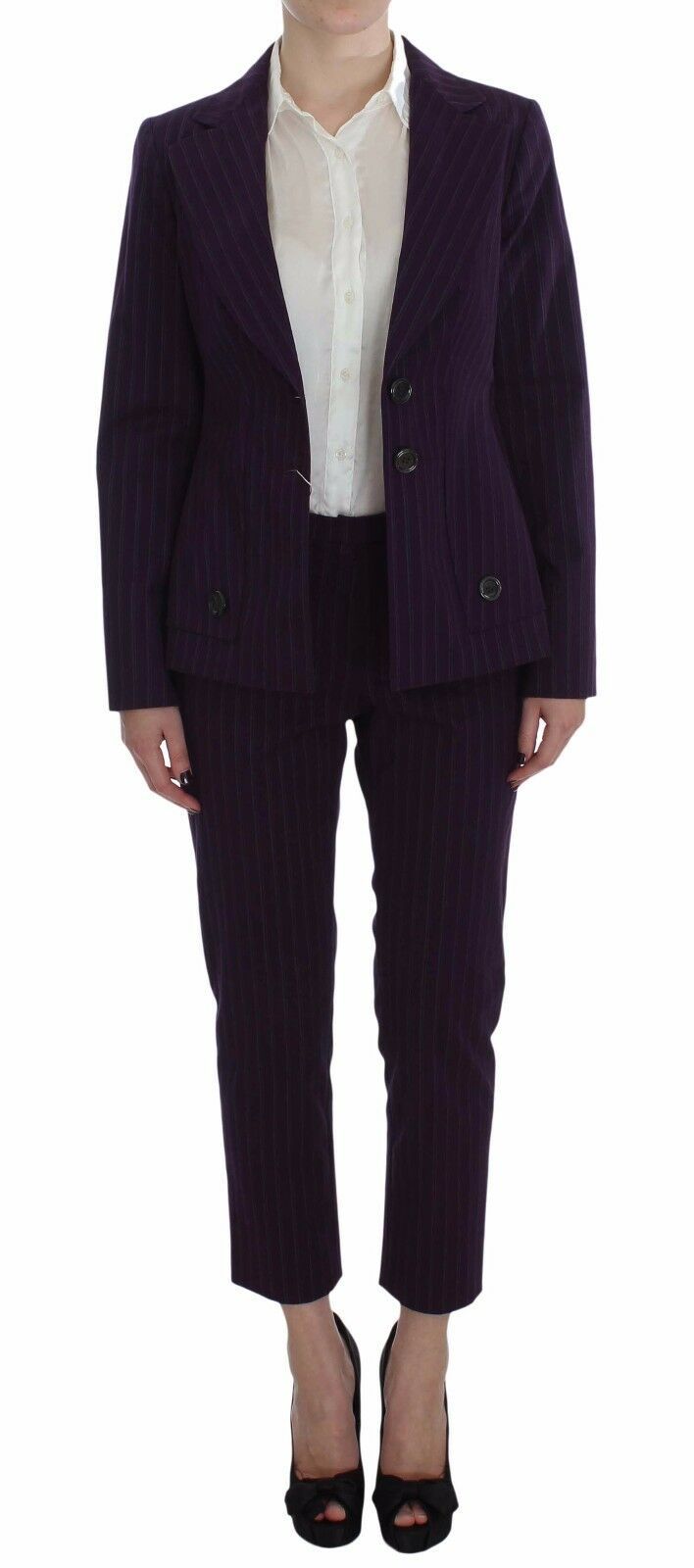 Italian-made purple striped pant and blazer suit for confident women