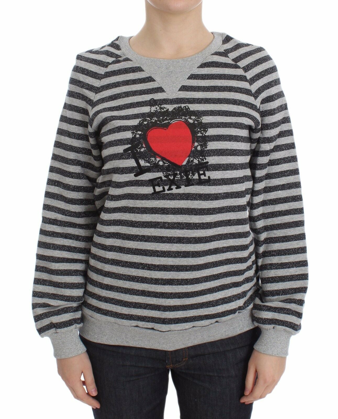 Exte Chic Gray Striped Crew-Neck Sweater in versatile gray hue