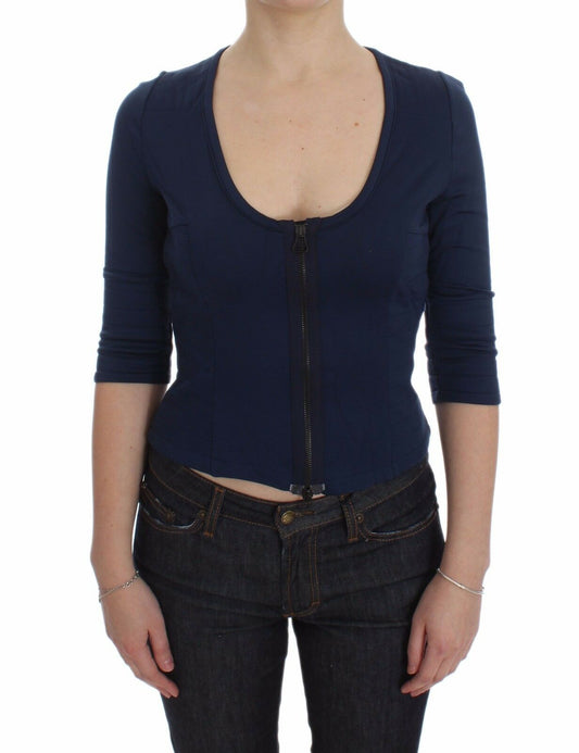 Exte Chic Zippered Crew-Neck Blue Sweater, front view, full zipper detail, Italian design