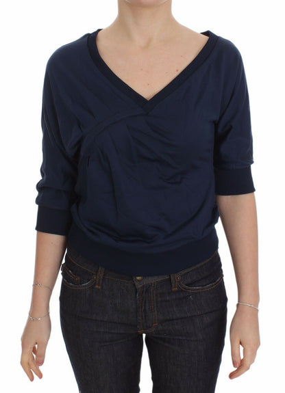 Exte Elegant Deep V-Neck Sweater in Blue made with 67% Polyamide, 25% Cotton, 8% Elastane