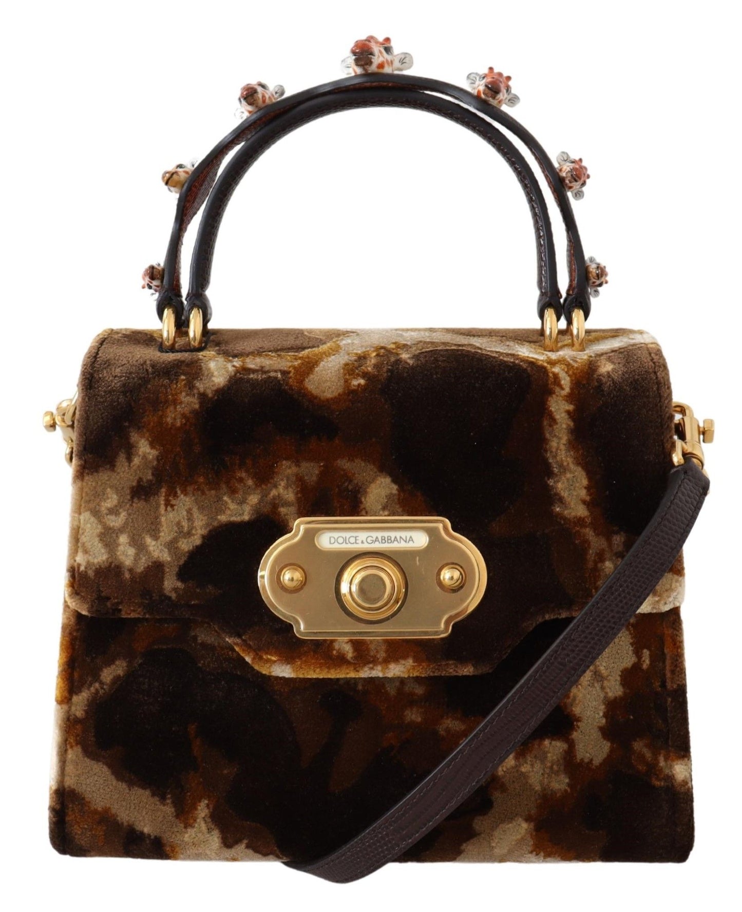 Exquisite Dolce & Gabbana Welcome Bag with Brown Giraffe Pattern and Gold Accents