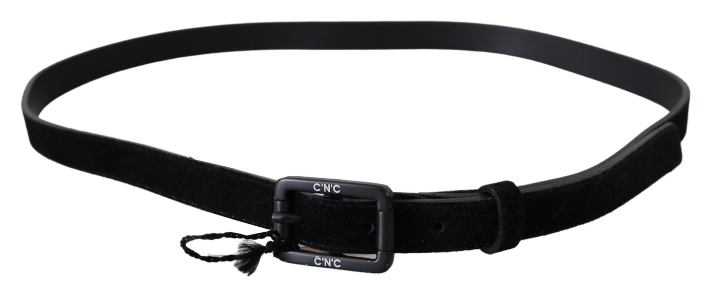Luxurious black leather belt with solid pattern and subtle logo details