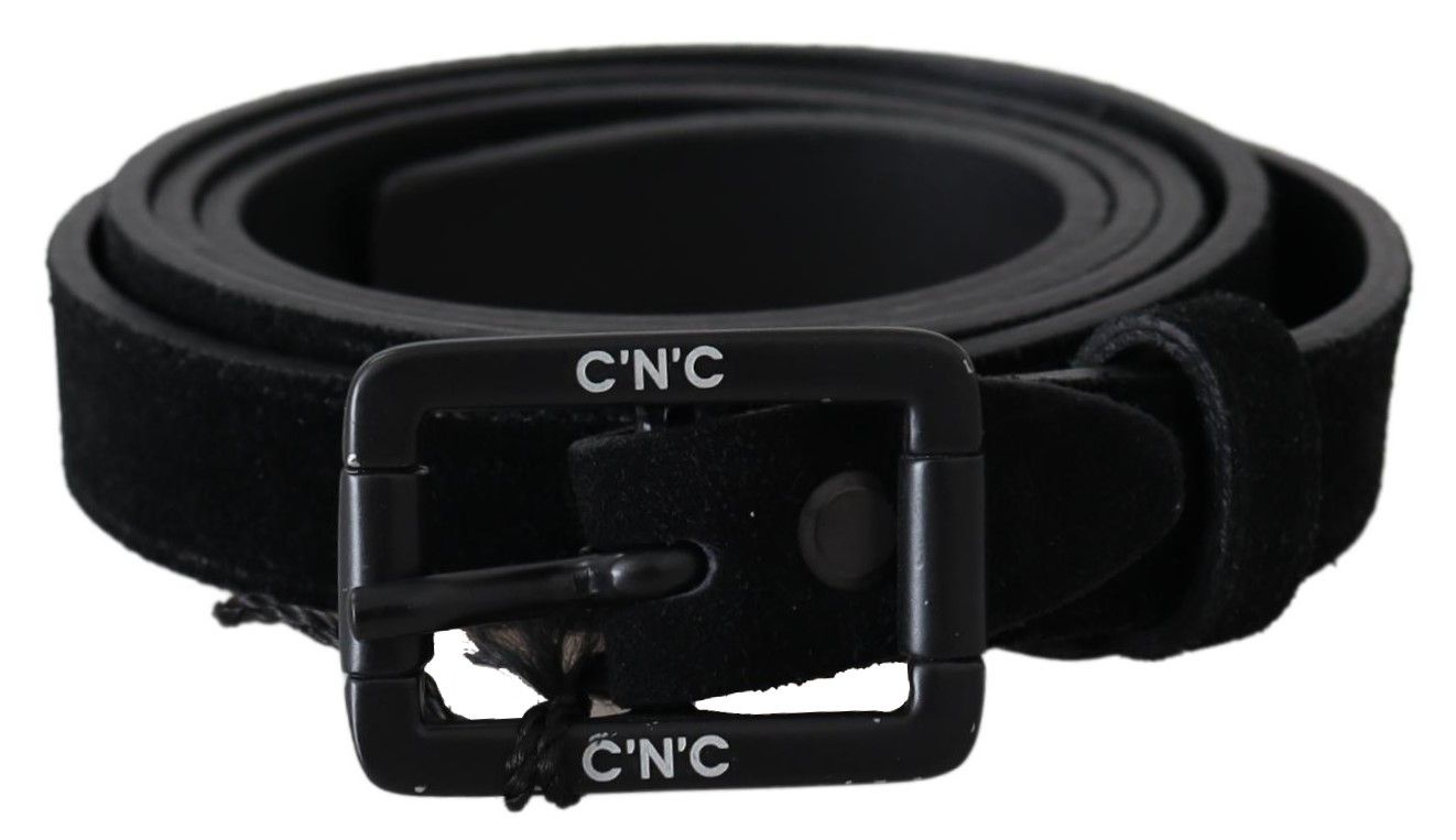 Costume National black leather belt with lush velvet buckle, made in Italy