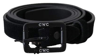 Costume National black leather belt with lush velvet buckle, made in Italy