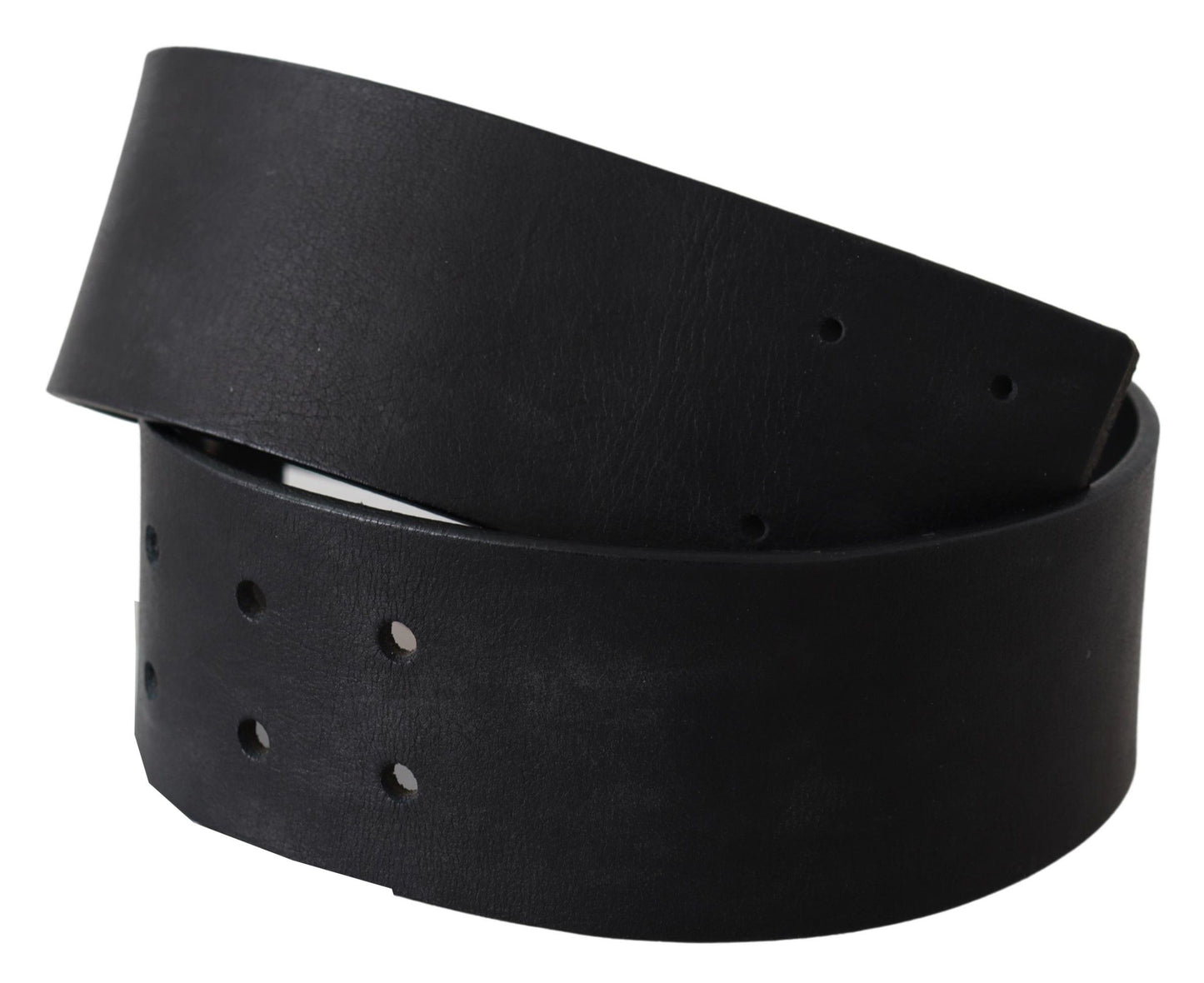 Sleek and solid black fashion belt with subtle logo details