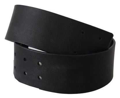 Sleek and solid black fashion belt with subtle logo details