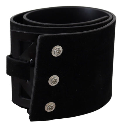 Luxurious black leather wide belt, made in Italy with logo pattern