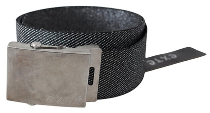 Exte Elegant Black Canvas Waist Belt with Silver Buckle, made in Italy