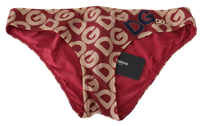 Dolce & Gabbana Chic Maroon Beige Logo Print Bikini Bottom - Front View Closeup Detail of High Quality Designer Swimwear