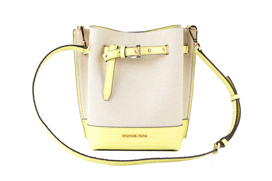 Michael Kors Emilia small canvas snakeskin print leather bucket bag in buttercup