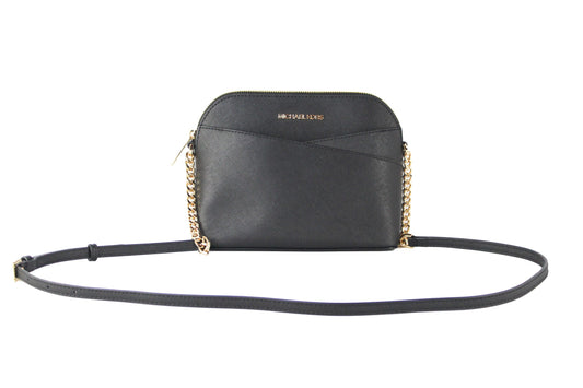 Michael Kors Jet Set Travel Medium Leather X Cross Dome Crossbody Handbag in Black with Gold Accents and Adjustable Chain Strap