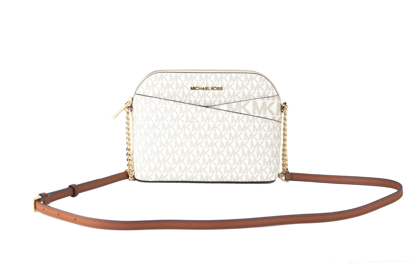 Michael Kors Jet Set Travel Medium Leather X Cross Dome Crossbody Handbag in Vanilla Signature with Gold Accents, featuring 2 Inner Slip Pockets, 1 Outer Slip Pocket, and an Adjustable Chain Accented Crossbody Strap