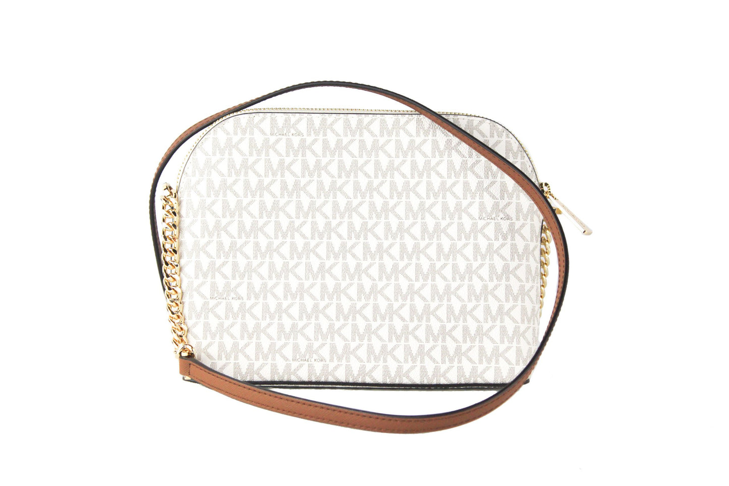 Close-up image of the Michael Kors Jet Set Travel Medium X Cross Dome Crossbody Bag in Vanilla Signature, showcasing the durable Signature PVC material and the bag's dimensions of 2286cm W x 1778cm H x 914cm D