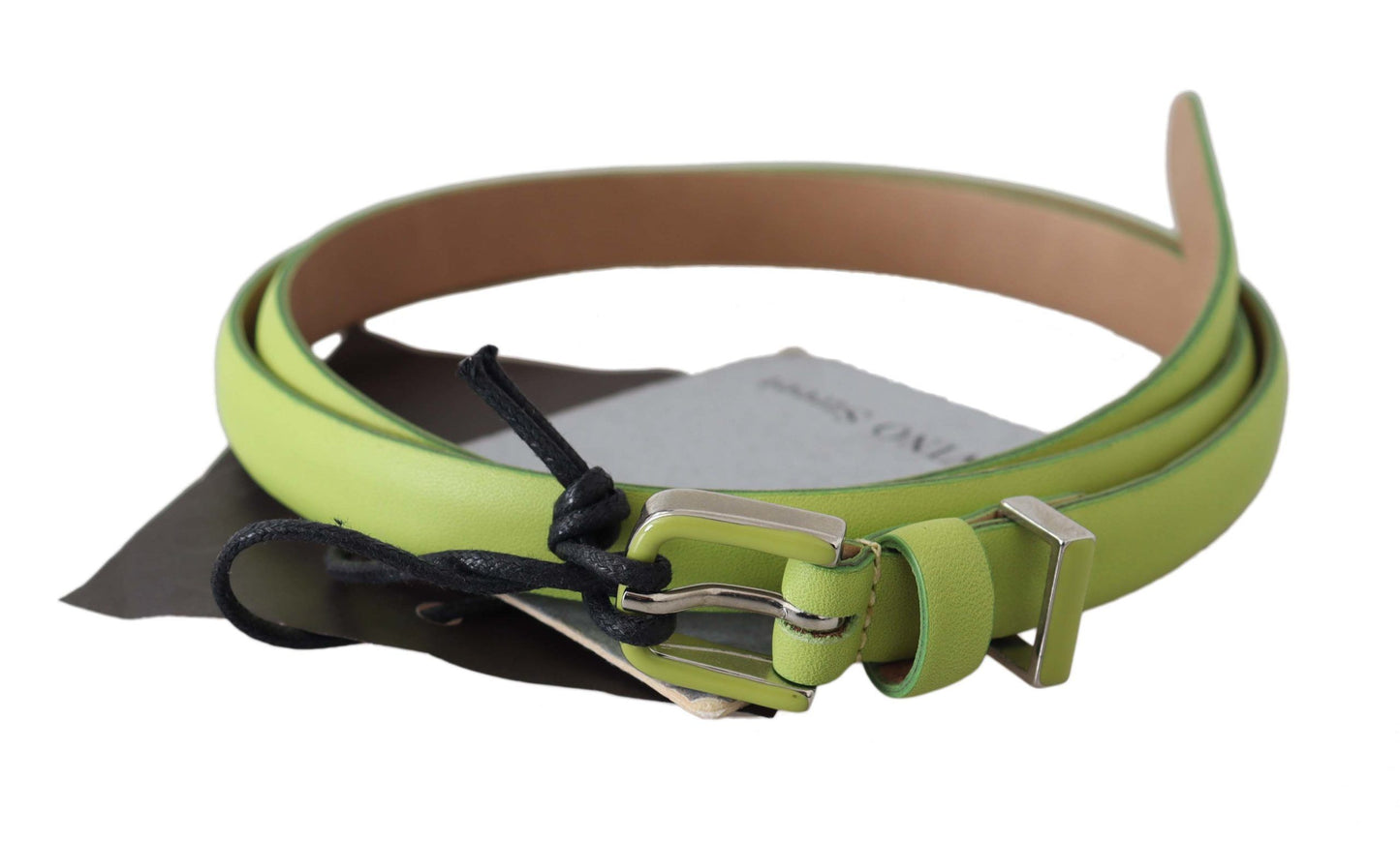 Exquisite green leather belt with silver-tone hardware and buckle fastening