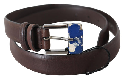 Elegant brown leather belt with sleek silver-tone buckle 
