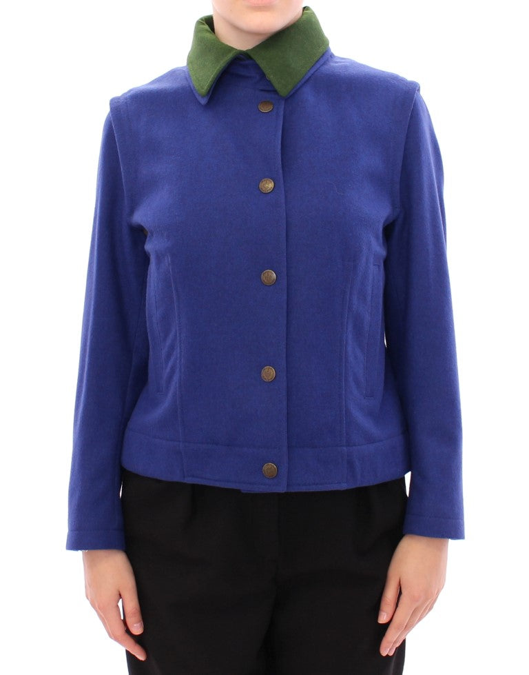 Elegant blue wool jacket with removable collar and front pockets