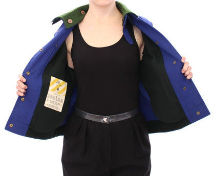 Versatile blue wool jacket with removable collar and inside pocket