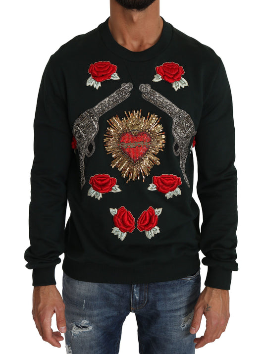 Dolce & Gabbana emerald green cotton sweater with crystal heart embroidery