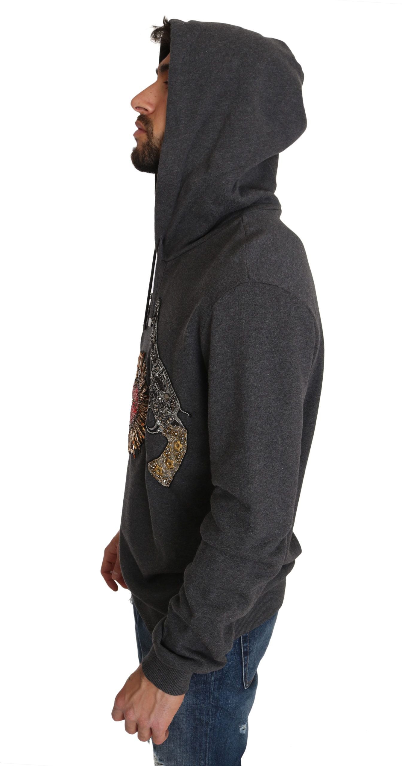 Fashion-Forward Gray Sweater with Dazzling Multicolored Crystal Heart and Gun