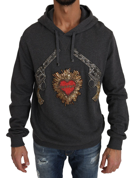 Dolce & Gabbana Gray Cotton Crystal Heart Embroidered Gun Pullover Sweater with Multicolored Crystals