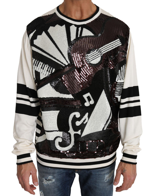 Dolce & Gabbana New York Jazz sequined silk sweater in black and white with multicolor sequined pattern
