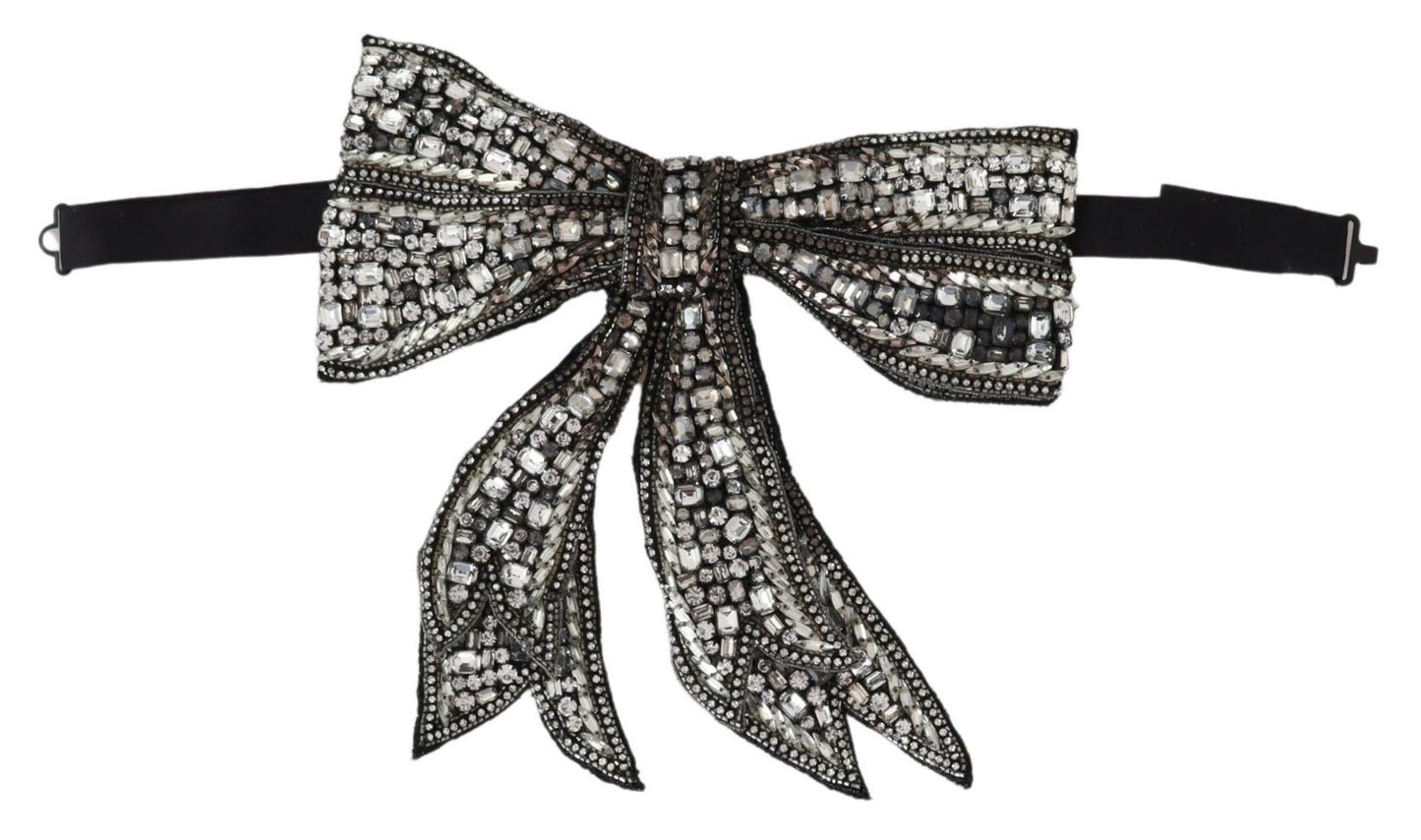 Luxurious and Sophisticated Dolce & Gabbana Silver Bowtie Adorned with Exquisite Crystals and Beads 20cm Length from Italy