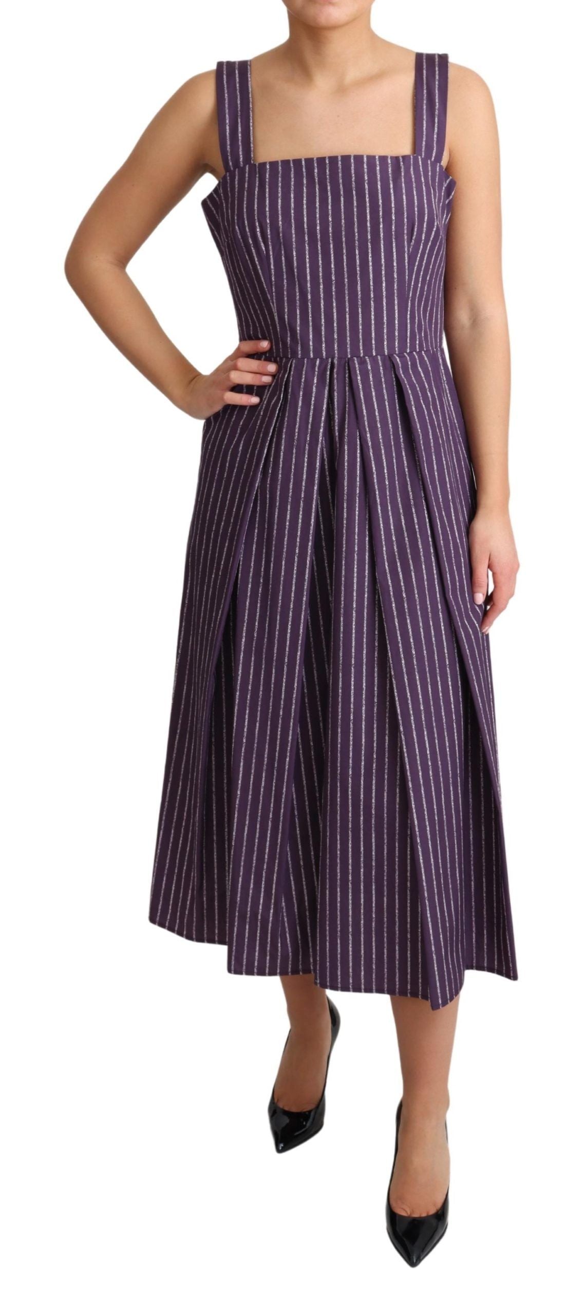 Sleeveless A-line purple striped dress with chic zipper closure