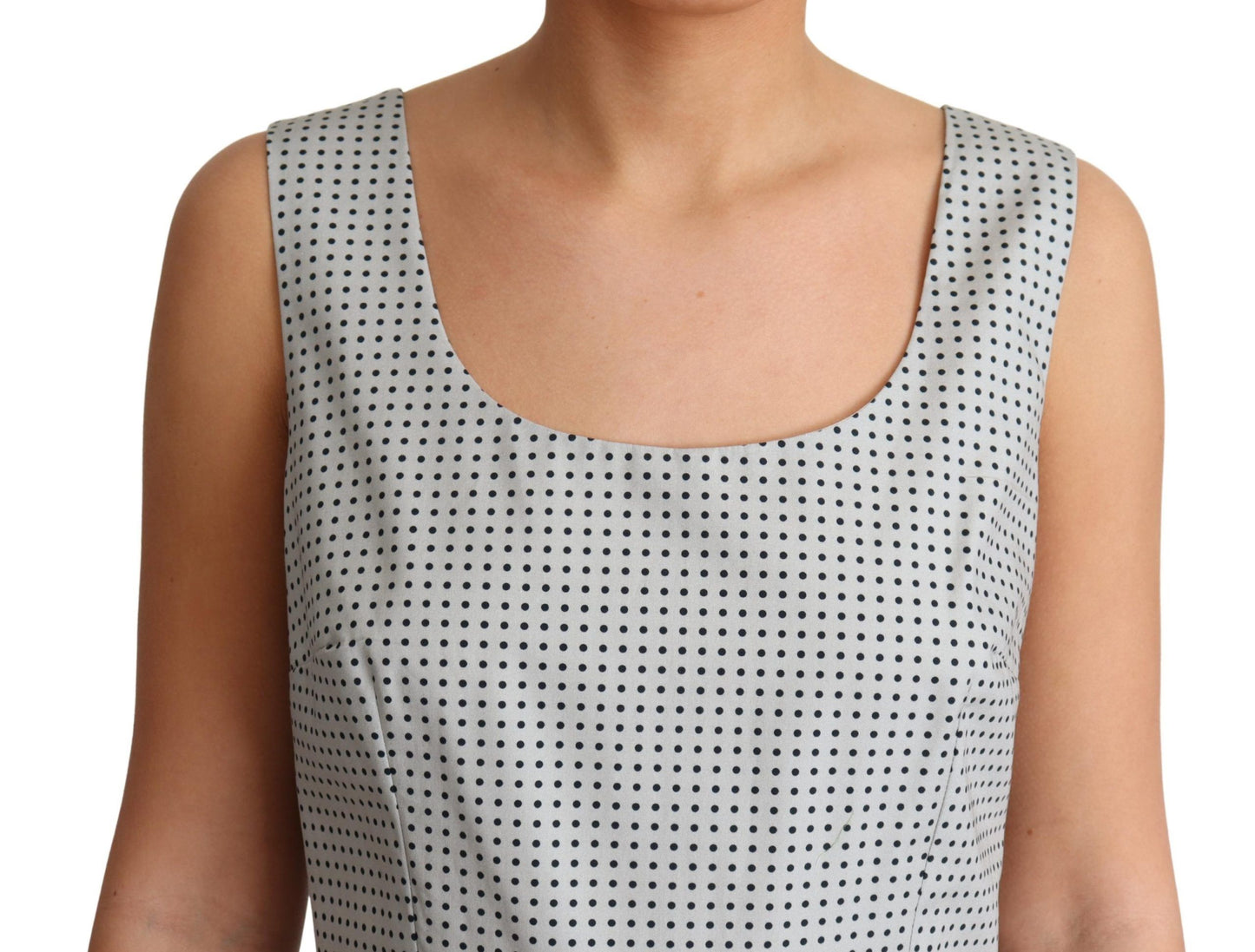 Luxurious Italian crafted gray polka dotted sleeveless A-Line dress