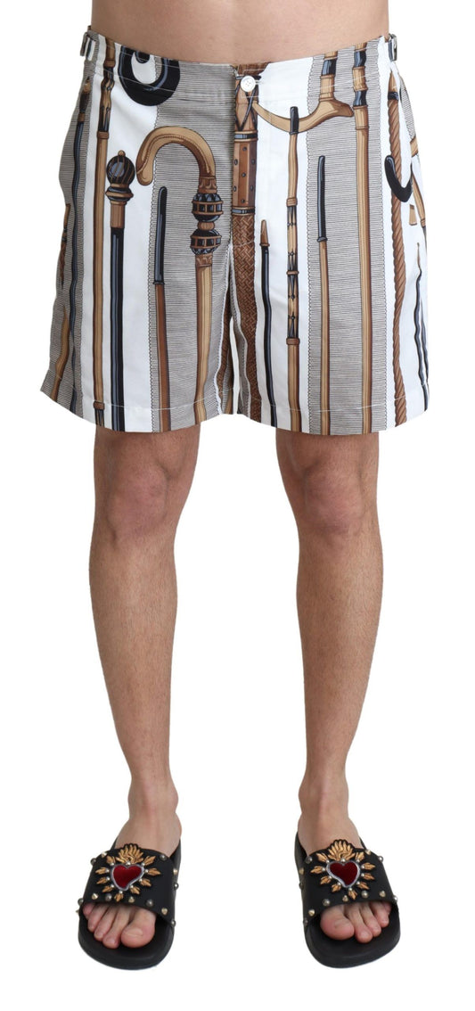 Elegant White Multicolor Swim Shorts with Vibrant Royal Walking Stick Print