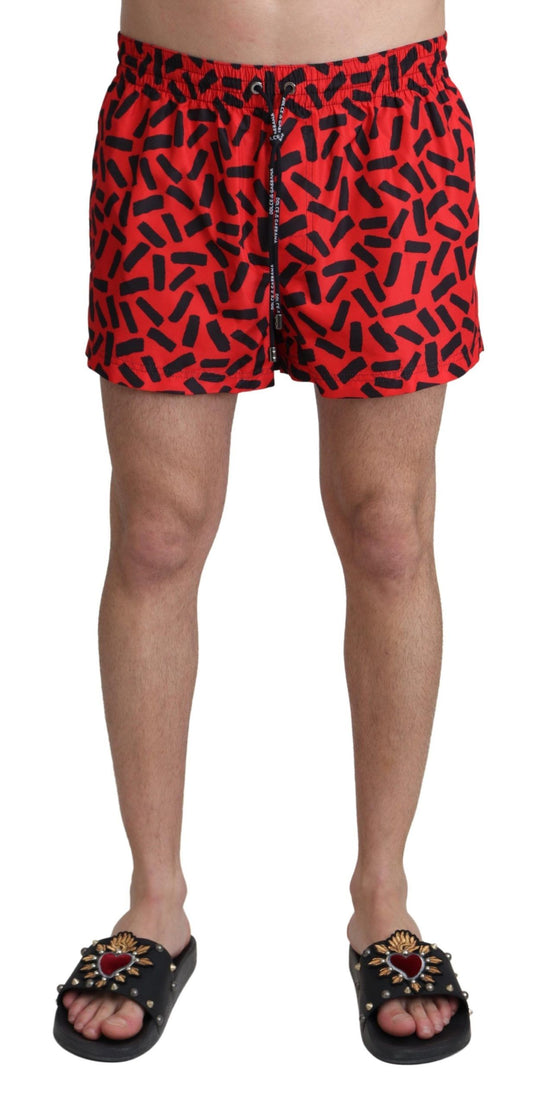 Dolce & Gabbana Radiant Red Drawstring Swim Trunks in 100% Polyester Material with Elastic Waistband and Drawstring Tie