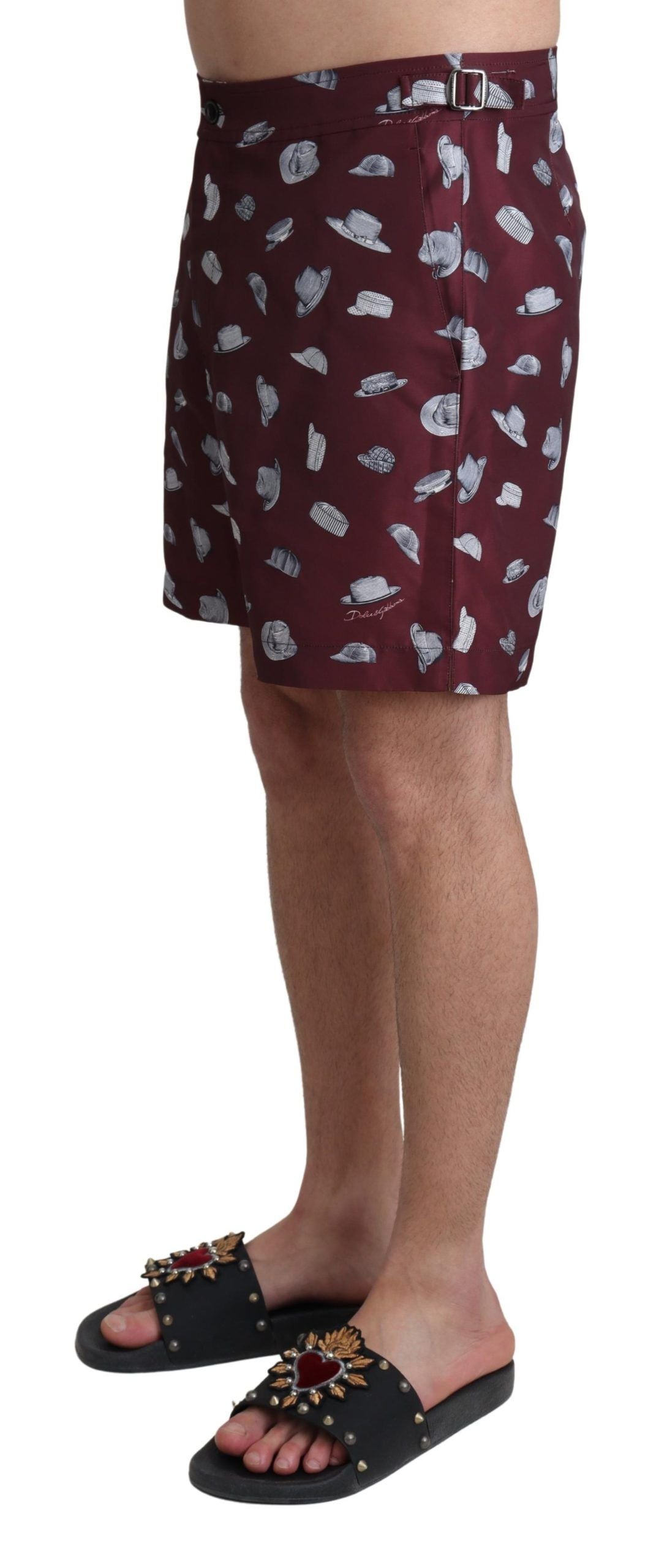 Premium polyester maroon swim trunks with hats print