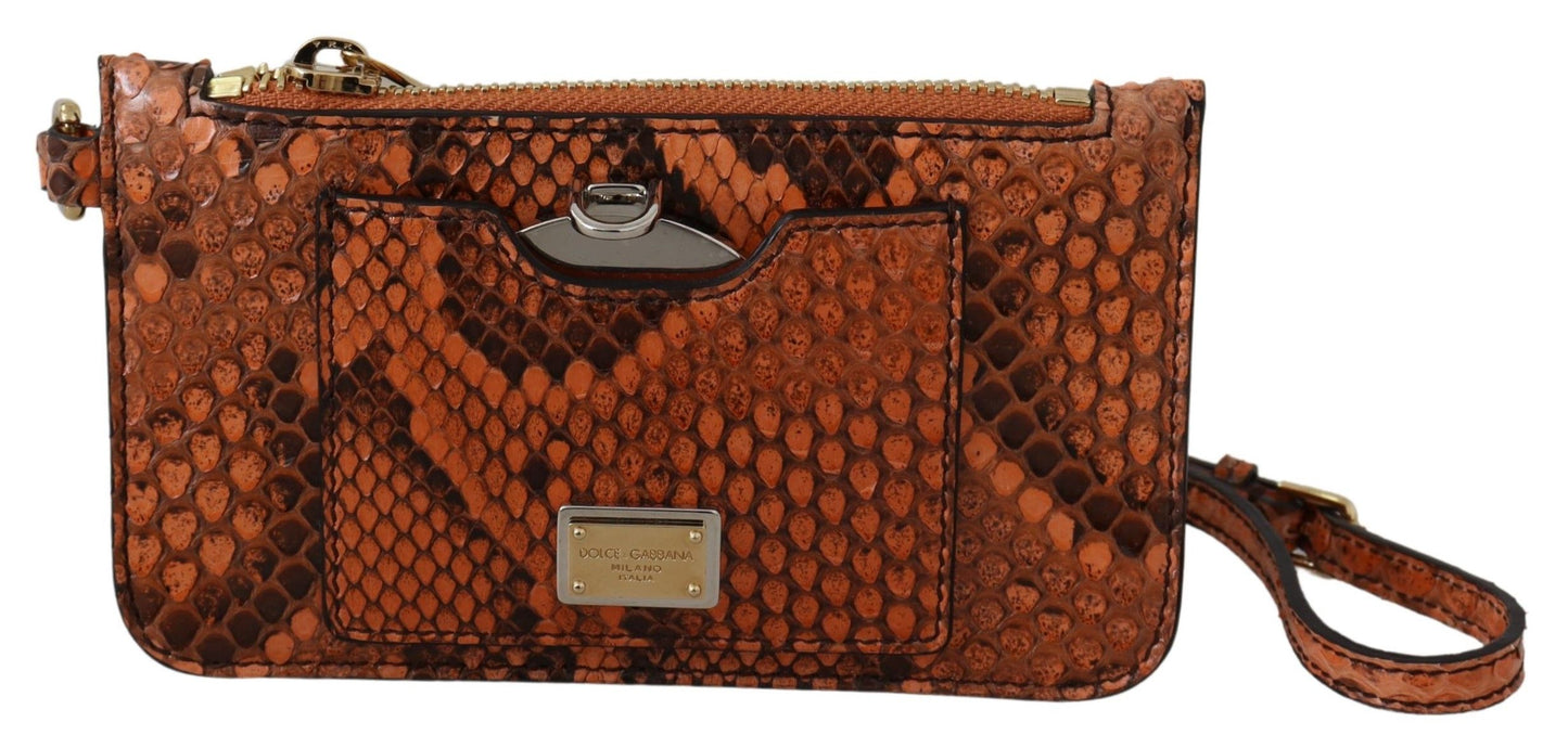 Dolce & Gabbana Elegant Python Patterned Leather Wristlet in Brown with gold metal detailing and zipper closure
