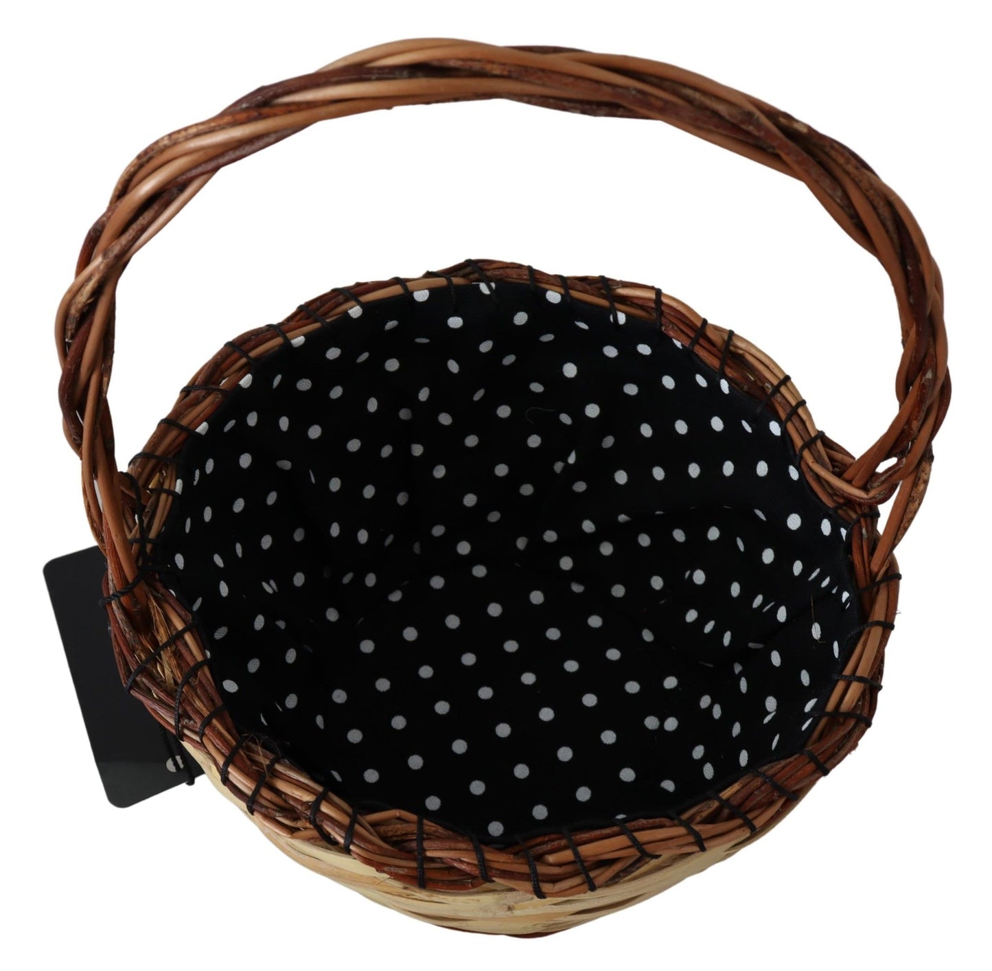 Beige wicker basket tote bag with one handle and logo details