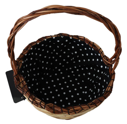 Beige wicker basket tote bag with one handle and logo details